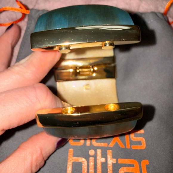 Alexis Bittar Teal Lucite and 14k Gold Plated Hinged Cuff Bracelet and Dustbag - Picture 8 of 14